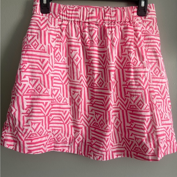 J. Crew Linen Blend Pink White Geometric Patterned Lined Skirt w/ pockets Sz 0 - Picture 7 of 11